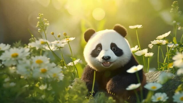 video of a panda in a flower garden