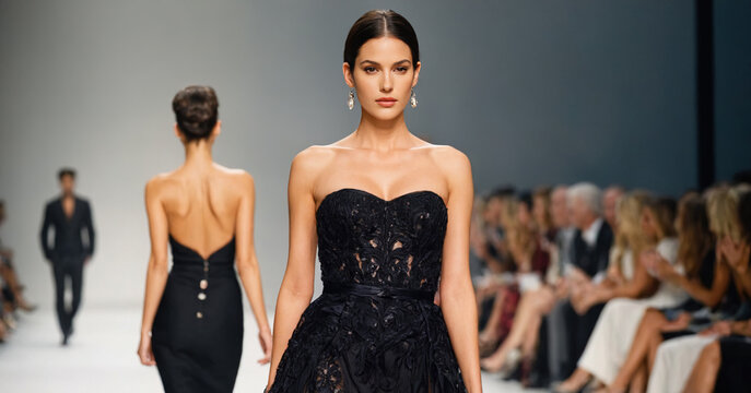 Runway show during fashion week featuring elegant models showcasing the latest designer collections.