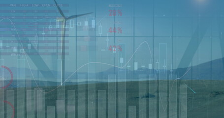 Image of graphs, charts with data processing on digital interface against wind turbine