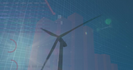Image of graphs, charts with data processing on digital interface against wind turbine