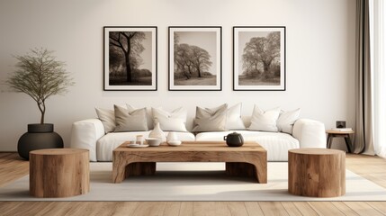 Boho ethnic living room  rustic coffee table, white sofa, brown pillows, poster frames