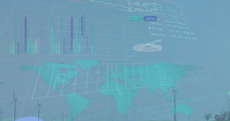 Image of graphs, charts with world map against wind turbines on field