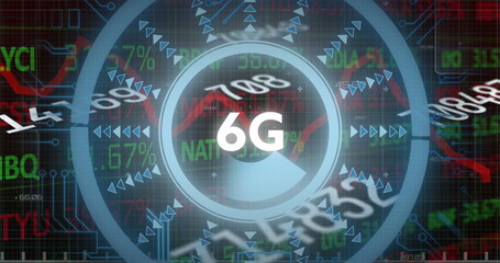 Image of 6g, numbers, processing circle and financial data on digital screen