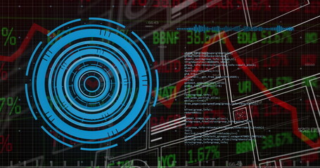 Image of numbers, processing circle and financial data on digital screen