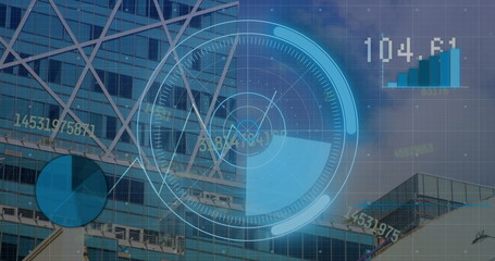 Image of numbers, processing circle and financial data on digital screen over office building