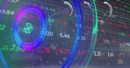 Image of numbers, processing circle, neon shapes and financial data on digital screen