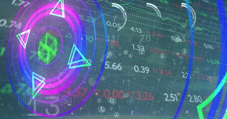 Image of numbers, processing circle, neon shapes and financial data on digital screen