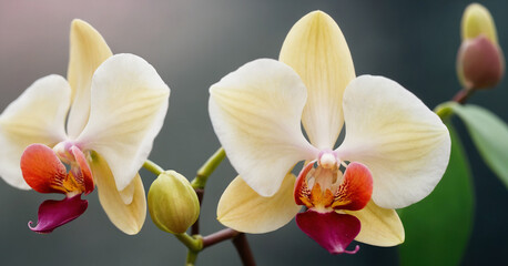 Vibrant orange white orchid bloom against gray background, perfect for adding pop of color to any space.