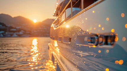 Beautiful expensive yachts at sea against the backdrop of the setting sun - Powered by Adobe
