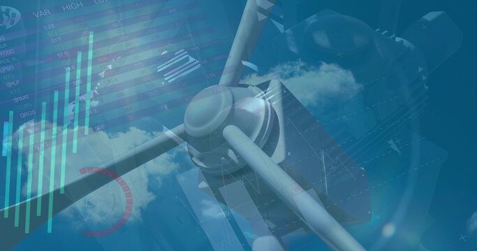 Image of graphs, charts with data processing on digital interface against wind turbine - Powered by Adobe