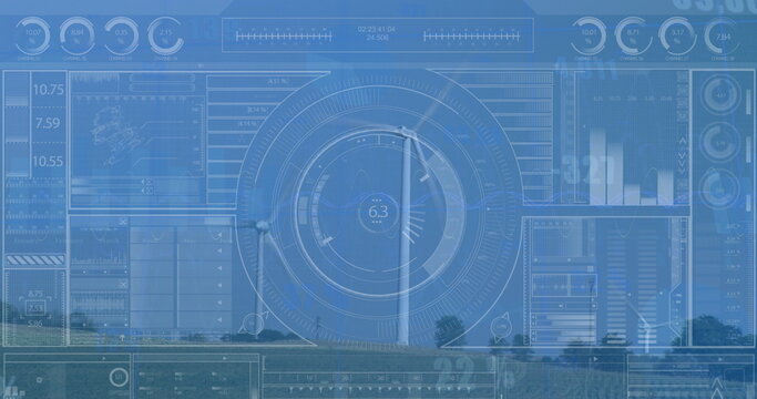 Image of data with hud processing on digital interface over wind turbine field