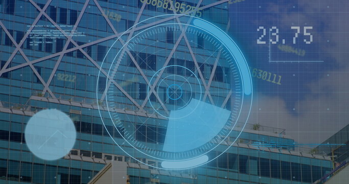 Image of numbers, processing circle and financial data on digital screen over office building