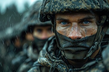 Obraz premium The details of a soldier's gear in the rain evoke a feeling of determination and resilience in harsh conditions