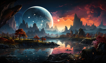 Fantastic night landscape of an unknown planet. - obrazy, fototapety, plakaty