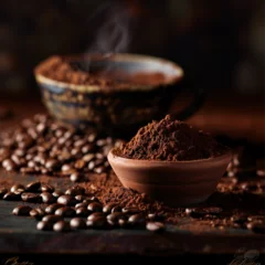  aesthetic photo of coffee beans and ground dark brown loose powder in the foreground, with steaming hot latte in background.  © نيلو ڤر