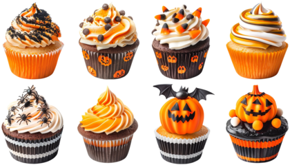Set of Halloween cupcake pumpkin spider bat topping #03 cutout on transparent background. for template graphic design artwork. banner, card, t shirt, sticker.