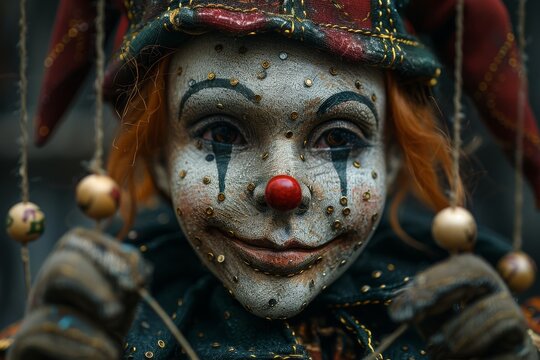A captivating jester doll with a painted face, and a whimsical, yet mysterious expression