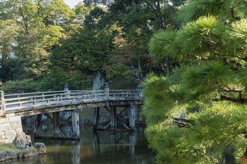 Fototapeta na wymiar 日本　滋賀県彦根市の彦根城のお堀沿いに作られた大名庭園、玄宮園の龍臥橋