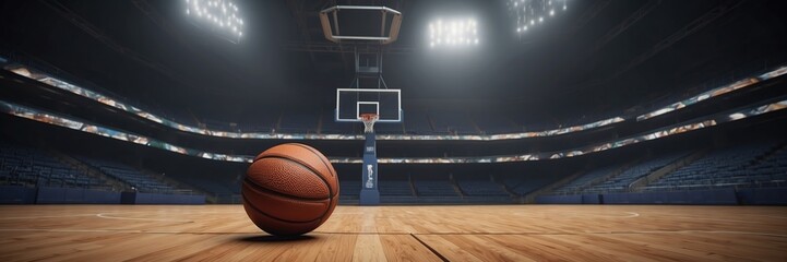 Basketball on an empty court in daylight. - obrazy, fototapety, plakaty