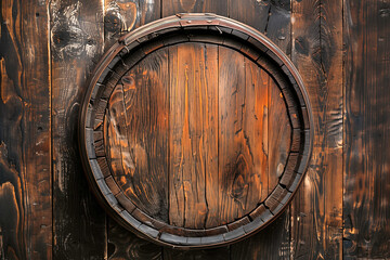 Top view of an old rustic wooden barrel, old wine cellar, bourbon whiskey distillery or beer brewery, rustic wood planks circle background - 758039584
