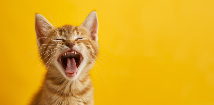 Happy funny excited kitty cat with long ears and wide open mouth against bright background, Easter holiday concept celebration with copy space
