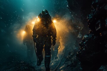 A scuba diver with lights explores the darkness of an underwater cave, surrounded by mysterious rock formations - obrazy, fototapety, plakaty