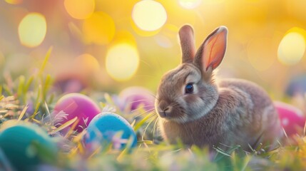 Fototapeta na wymiar Serene Easter Bunny Amidst Colorful Eggs on a Sunny Spring Morning