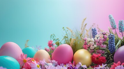 Fototapeta na wymiar Colorful Easter Eggs Arranged Among Spring Flowers Against Pastel Background