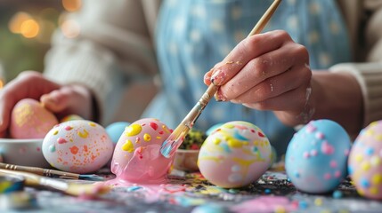 Fototapeta na wymiar Person Painting Easter Eggs With a Brush