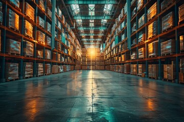 A vast warehouse with row upon row of goods stored neatly on shelves, showcasing logistics efficiency - obrazy, fototapety, plakaty