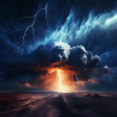 A dramatic thunderstorm with lightning in the sky.