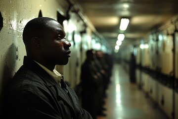 A man stands contemplatively in a prison corridor with his face obscured, surrounded by a bleak and somber environment - obrazy, fototapety, plakaty