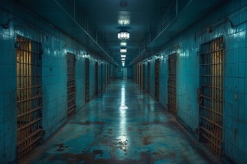 Haunting view of a desolate prison hallway with rows of closed cells, infused with a feeling of cold isolation - obrazy, fototapety, plakaty