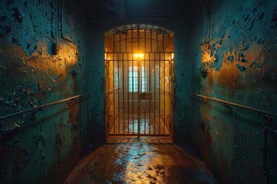 Eerie and haunting photo of an old prison corridor with a gated entrance and flaking turquoise paint, emanating a sense of abandonment