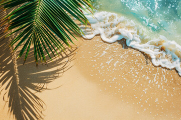 Experience tropical tranquility as coconut leaves decorate a sandy beach against the backdrop of gently rolling ocean waves