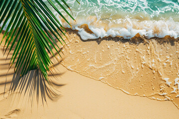 Escape to an exotic paradise where palm leaves rest peacefully on a sandy beach beside the azure waters of the sea