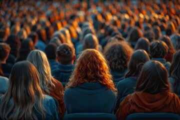 A sea of spectators from behind engrossed in an outdoor gathering during the golden hour - obrazy, fototapety, plakaty