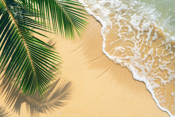 Find serenity on a sandy beach adorned with coconut leaves, kissed by crystal clear sea water under the warm sun