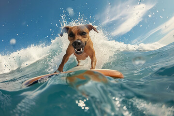 Beach Day Bliss: Dog Enjoying Summer Fun with Surfboard Play by the Ocean