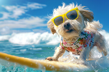 Experience the joy of summer with a playful dog enjoying surfboard fun by the sea