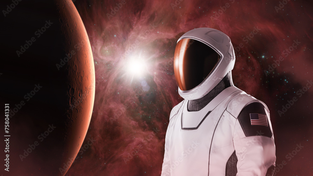 Wall mural spaceman with mars planet in outer space. exploration theme. elements of this image furnished by nas