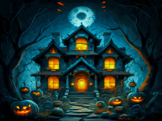 Fototapeta na wymiar Spooky house with spooky creatures 