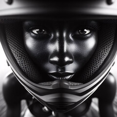 Wide-angle close-up of a woman in a pilot helmet with a strong attitude