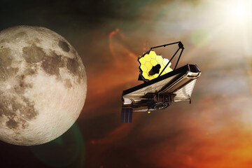 James Webb telescope in outer space with Moon. JWST launch art. Elements of this image furnished by NASA. © Paopano