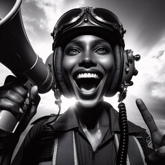 Wide-angle close-up of a woman in a pilot helmet with a strong attitude
