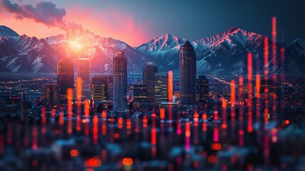 Skyline of Salt Lake City downtown in Utah with Wasatch Range Mountains in the background. Economical stock market graph - obrazy, fototapety, plakaty