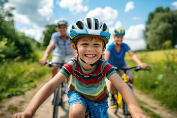 A happy family riding bicycles on a country path