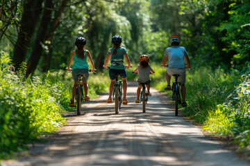 A happy family riding bicycles on a country path