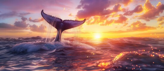 Seascape with whale tail dripping with water on the surface of the sea or ocean, banner with copy space