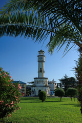 Obraz premium Southern cityscape, view of buildings and houses, palm trees and mountains, in public places in Turkey, sunny summer day in a resort town